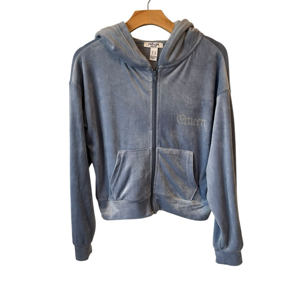 Refuge Hoodie Jacket Womens M Blue Velour Velvet Full Zip Rinestone QUEEN NEW